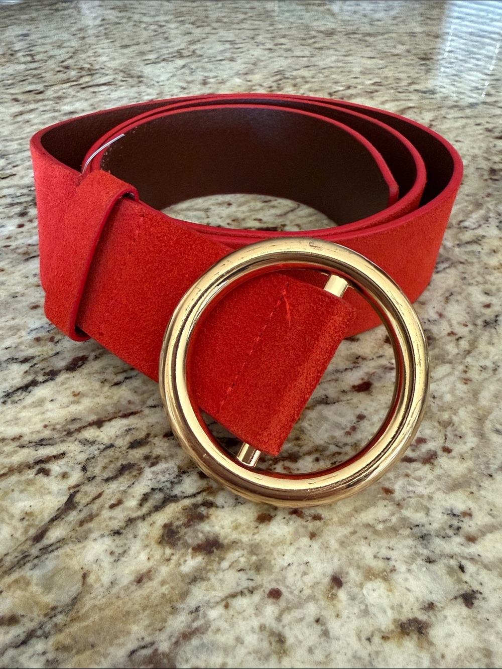 Frame Denim Le Circle Belt Red Suede with Gold Tone Round Buckle Sz L - Picture 1 of 13